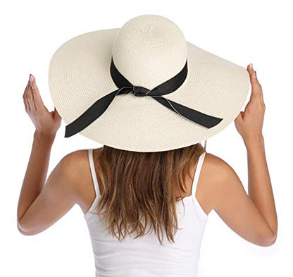 Lanzom Womens Wide Brim Straw Hat Big Floppy Foldable Roll up Cap Beach Sun Hat UPF 50+ - color: Bowknot-ivory White