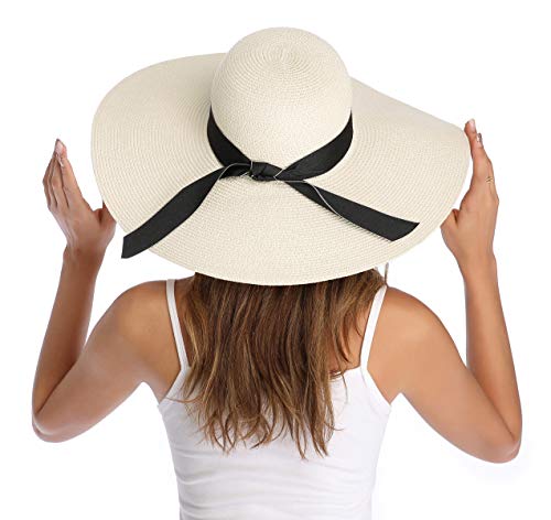 Lanzom Womens Wide Brim Straw Hat Big Floppy Foldable Roll up Cap Beach Sun Hat UPF 50+ - color: Bowknot-ivory White