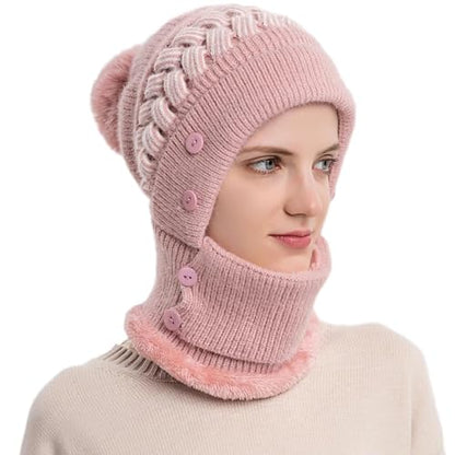 HUAMULAN Women Winter Knit Balaclava Fleece Lined Hooded Beanie Hats - color: Pink, size: One Size