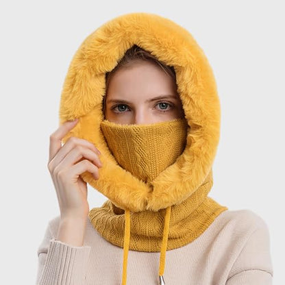 Women’s Knitted Beanie Hat with Face Cover - 3 in 1 Winter Balaclava with Mask Scarf Ear Muffs Pompom Fleece Lined Snow Caps - color: Yellow-c