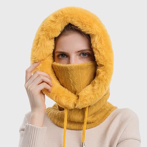 Women’s Knitted Beanie Hat with Face Cover - 3 in 1 Winter Balaclava with Mask Scarf Ear Muffs Pompom Fleece Lined Snow Caps - color: Yellow-c