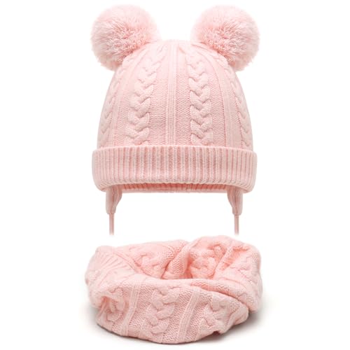 Duoyeree Toddler Winter Hat, Earflap Double Pom Pom Knit Beanie 0-36M - color: 2-pink, size: 12-36 Months