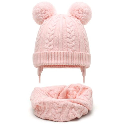 Duoyeree Toddler Winter Hat, Earflap Double Pom Pom Knit Beanie 0-36M - color: 2-pink, size: 0-6 Months