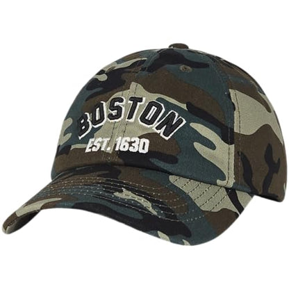 E BY ELIDAN Boston EST 1630 Dad Hat, Embroidered Cotton Baseball Cap - color: Camo Est 1630