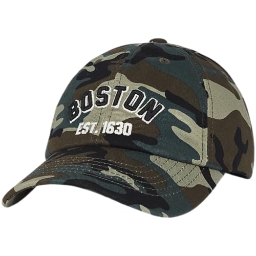 E BY ELIDAN Boston EST 1630 Dad Hat, Embroidered Cotton Baseball Cap - color: Camo Est 1630