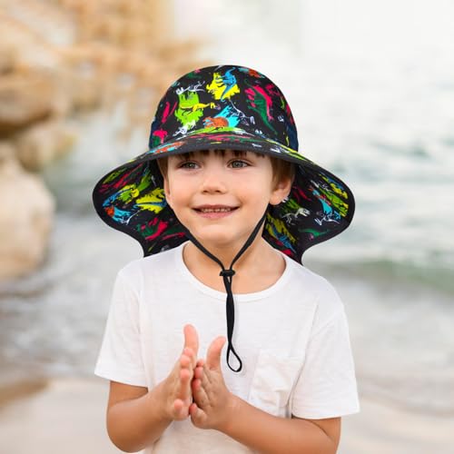 Girls Sun Hat for Kids UV Protection Unicorn Summer Hat Beach Play Hats Wide Brim Neck Flap for Girls Ponytail Hat 2-9 Years - color: Dinosaur