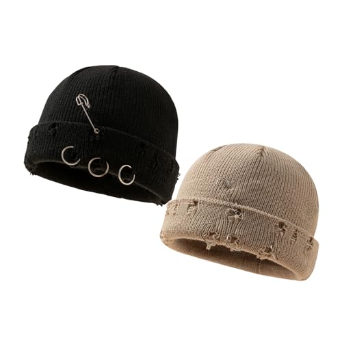 Unisex Adult Hip-hop Distressed Beanie with Iron Ring Punk Grunge Knitted Ripped Hat - color: 2 Pcs C