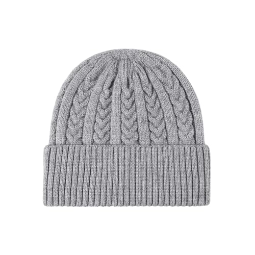 Winter Cable Knit Hat Elasticity Cuffed Thick Soft Beanie Skull Cap for Women Men - color: Light Grey
