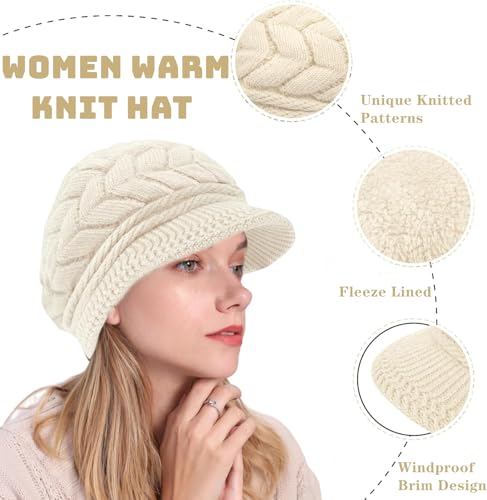 stablerice 4 Pack Womens Winter Beanie Hats Thick Warm Knit Hat with Visor Brim Wool Snow Ski Caps Chunky Soft Slouchy Cap - color: Black, Red, Gray, Beige