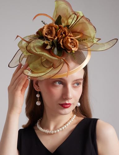 Women Derby Church Hat Organza Flower Wedding Tea Party Fascinator Wide Brim Sun Hat - color: 13-golden
