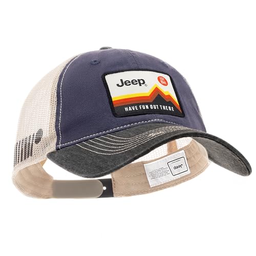 Jeep Have Fun Out There Patch Garment Washed Trucker Hat Unstructured for Men & Women - Adjustable Snapback Baseball Cap - color: Navy Blue