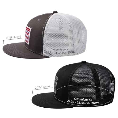 BASSDASH 2 Pack Flat Brim Trucker Cap Adjustable Snapback Hat Mesh Back for Men Women Fishing Hunting - color: Charcoal Grey/Fish Flag & Black/Fish Flag
