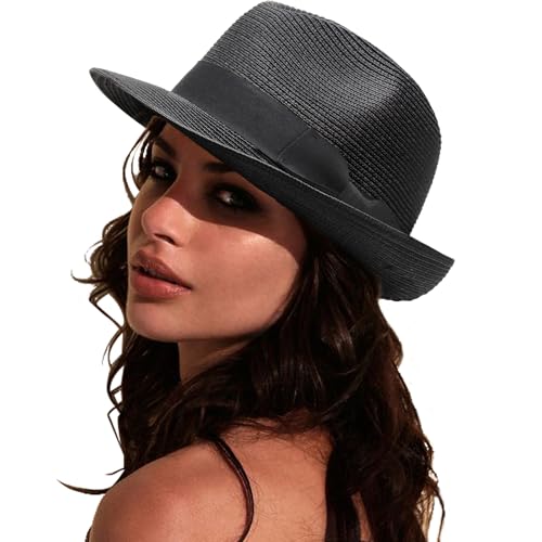 AQOKKA Summer Straw Fedora Hat for Women Men Travel Panama Hat with Wide Brim Roll Up Sun Hat for Beach Outdoor UPF 50+ - color: Rolled Straw Hat: : Black With Black Band