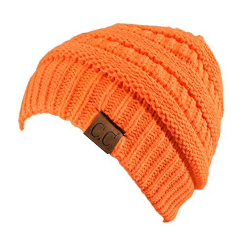 C.C Unisex Chunky Soft Stretch Cable Knit Warm Fuzzy Lined Skully Beanie - color: Neon Orange