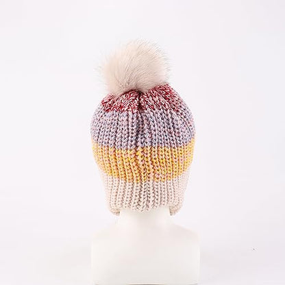 Baby Winter Hat for Girls Toddler Ear Flap Pom Pom Beanies Infant Knit Hat with Fleece Lined - color: Three Goals-colour Mixture Khaki, size: 1-2T