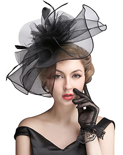 Z&X Sinamay Fascinator Hat Floral Feather Pillbox Derby Hats for Women Wedding Tea Party with Headband Clip - color: 006b Black