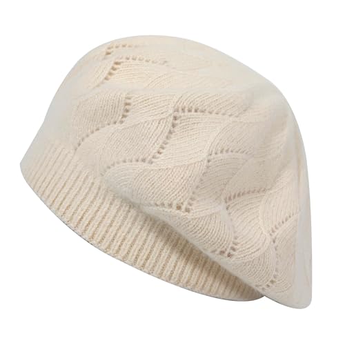 ZLYC Women French Beret Hat Reversible Solid Color Knit Warm Artist Cap - color: Solid Cream White