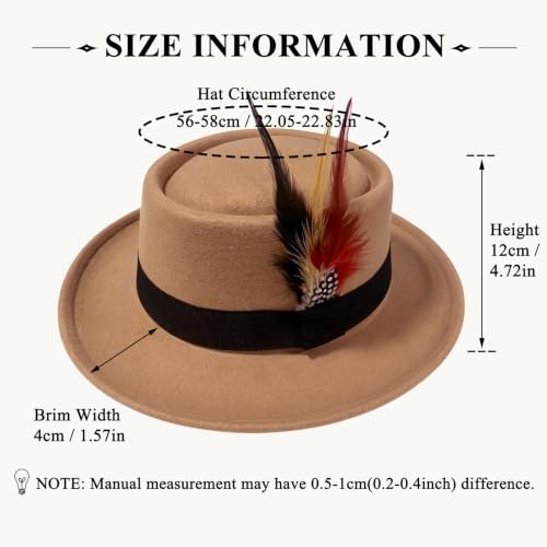 Classic Pork Pie Hat with Feathers Flat Top Fedora, Vintage Panama Hats, Warm Comfortable Jazz Cap - color: Camel