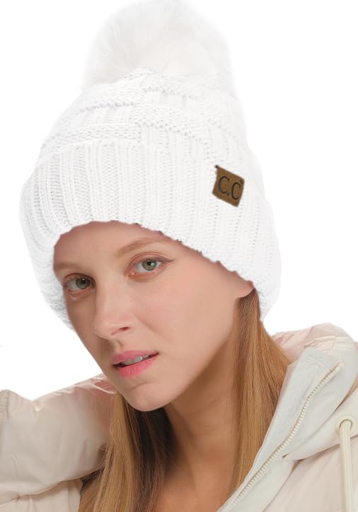 C.C Knit Beanie Hat – Fuzzy Fleece Lined Warm Winter Hat, Faux Fur Pom Soft Stretchy Slouchy Knit Cap, Cold Weather Beanie - color: White / White Pom