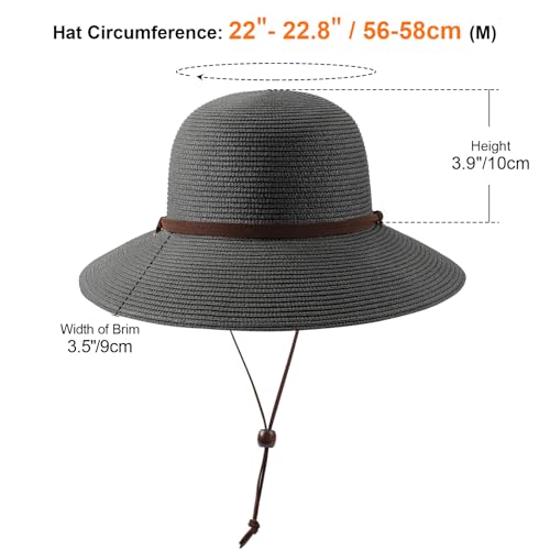 DRESHOW Womens Summer Straw Sun Hat Wide Brim Bucket Hats Fedora Hat Panama Beach Hat with Chin Strap UPF 50+ - color: Straw Hat With Wind Lanyard: Black