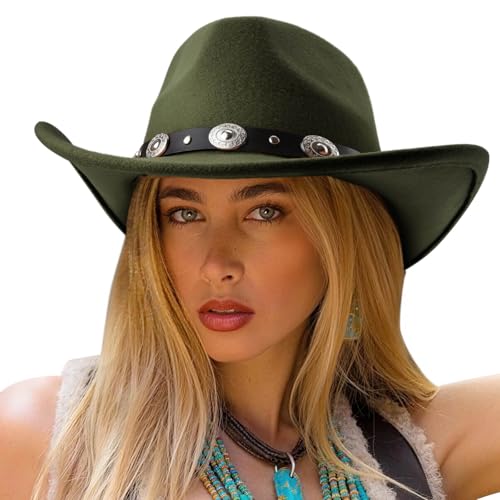 DRESHOW Women Men Classic Felt Wide Brim Western Cowboy & Cowgirl Cap Belt Buckle Retro Panama Hat Unisex Rolled up Caps - color: 1 Pack Style 1: Army Green (Hat Circumference: 22-22.8")