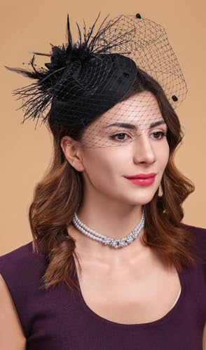 Fascinators Hats for Women Pillbox Hat 20s 30s 50s Vintage Feather Headwear Bowler Flower Veil Wedding Tea Party Hat - color: X-black