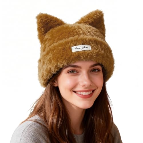 Cat Ear Beanie Hats for Women Knitted Beanie Fox Skull Cap Warm Cute Furry Fuzzy Fluffy Winter Crochet Snow Hat - color: Khaki