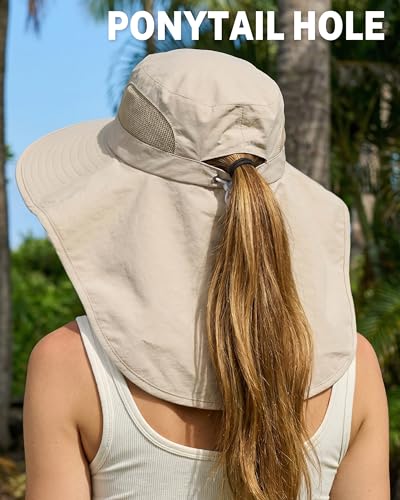 Women Sun Hats UV Protection Wide Brim with Bucket Ponytail Hole - color: Beige