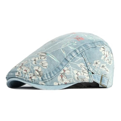 Quanhaigou Unisex Denim Newsboy Hats Flat Ivy Gatsby Cabbie Driving Berets Hat Cotton Dad Cap for Men Women - color: Denim Flower Light Blue