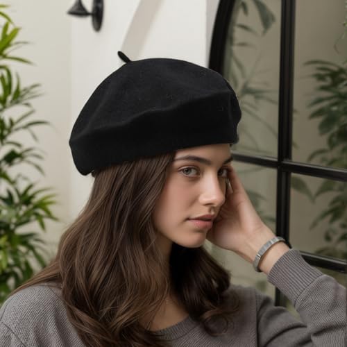 French Beret Hats for Women - Classic Wool Beret Hats Soft Knit Winter Cloche for Daily Outfits - color: Black