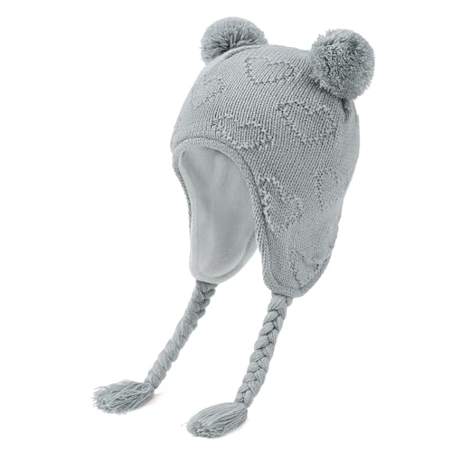 Durio Baby Winter Hat with Cute Pom Pom Earflap Warm Fleece Lining Baby Beanie for 6-24 Months Infant Toddler Boys and Girls - color: Light Grey, size: 6-12 Months