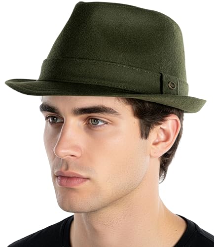 Funky Junque Fedora Hats for Men – Classic Wool Blend Trilby Dress Hat, Short Brim Men’s Fedoras for Formal & Casual Wear - color: New Olive, size: 6 3/4-7 1/8