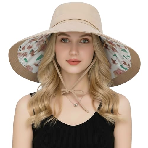 Wide Brim Sun Hat for Women Reversible Beach Hats Metal Wired Edge Gardening Hats, UPF 50+ Bucket Summer Hat - color: Khaki