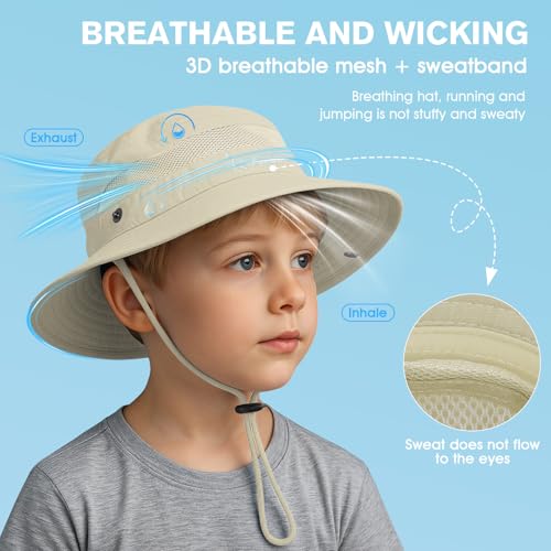 Century Star Outdoor Kids Sun Hat UPF 50+ Quick Dry Adjustable Bucket Hat Windproof Waterproof Beach Fishing Safari Hat - color: Beige