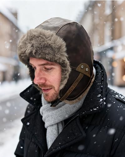 Croogo Eskimo Hat Russian Ushanka Cossack Trooper Hat Leather Trapper Aviator Hats Fur Lined Earflap Winter Cap Snow Ski Hats - color: Pl2508-brown