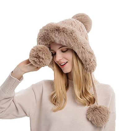 Winter Beanie Hats for Women with Ear Flaps Faux Fur Crochet Skull Cap Warm Outdoor Ski Snow Hats Pompoms - color: Khaki