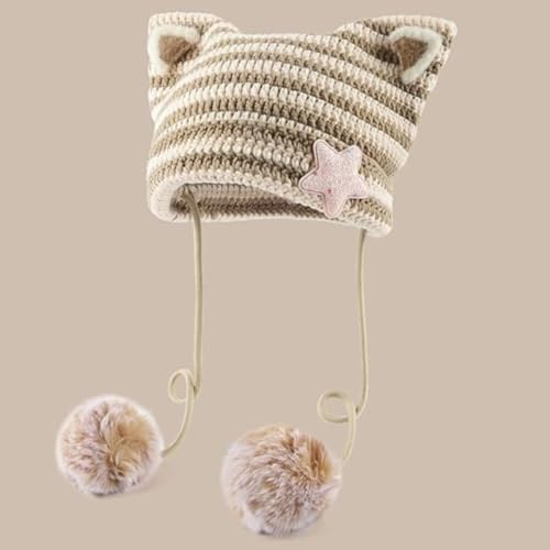 Women Kawaii Cat Ear Beanie Hat with Star Pom Poms Y2K Cute Crochet Goth Grunge Emo Alt Accessories Knit Slouchy Hat - color: Khaki Beige