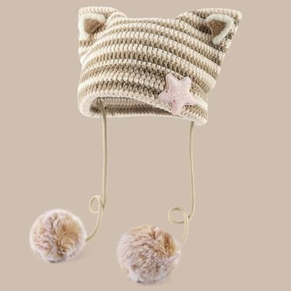 Women Kawaii Cat Ear Beanie Hat with Star Pom Poms Y2K Cute Crochet Goth Grunge Emo Alt Accessories Knit Slouchy Hat - color: Khaki Beige