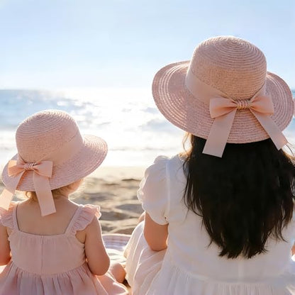 Zsedrut Women,Little Girls Straw Sun Hat Summer Beach Cap Foldable Visor Floppy Hats Wide Brim with Bowknot - color: Pink Bow, size: 2-4T