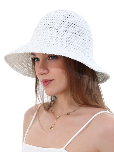 sy soul young Women's Straw Sunhat Wide Brim Hand Woven Beach Bucket Hat - color: White