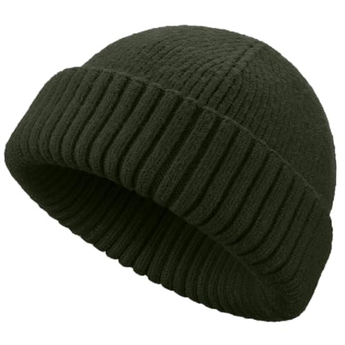 Wool Short Fisherman Beanie for Men Women Double Cuffed Skull Caps - color: 1pcs-army Green