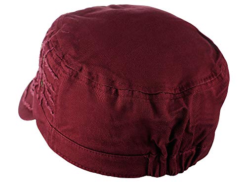 D&Y Unisex 100% Cotton Military Cadet Hat - Distressed Frayed Flat Top Cap - Adjustable Everyday Patrol Hat - color: Burgundy