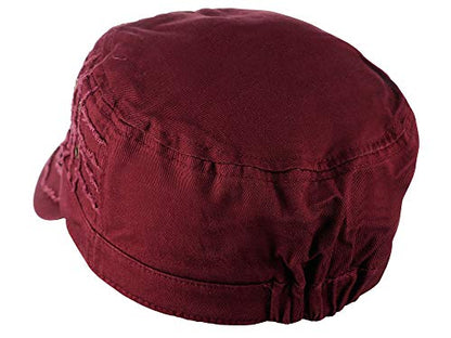 D&Y Unisex 100% Cotton Military Cadet Hat - Distressed Frayed Flat Top Cap - Adjustable Everyday Patrol Hat - color: Burgundy