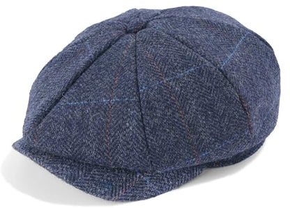 Mens Newsboy Cap High Woolen Tweed Gatsby Hat Ivy Cabbie Flat Golf Cap for Fathers Women Unisex - color: Herringbone Plaid Navy, size: 7-7 1/8