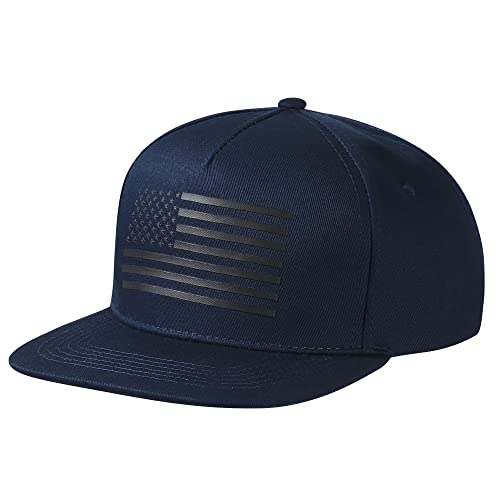 UALON Baseball Cap, Snapback Trucker Hat for Men & Women with American Flag and Adjustable, Breathable Mesh, Flat Bill Hats - color: Navy