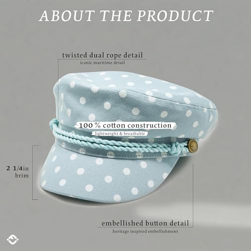 Funky Junque Greek Fisherman Newsboy Cap, Cotton Captains Bakerboy Hat - color: Polka Dots - Dusty Blue