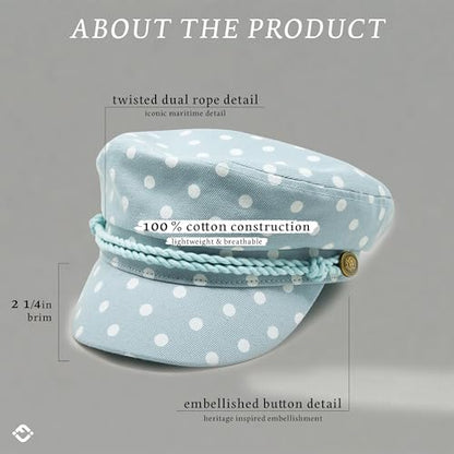 Funky Junque Greek Fisherman Newsboy Cap, Cotton Captains Bakerboy Hat - color: Polka Dots - Dusty Blue