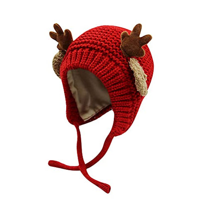 AIBEARTY Cute Deer Elk Antlers Baby Hat Winter Warm Plush Knitted Ear Warmer Bonnet Boys Girls Cap Beanie with Chin Strap - color: Red