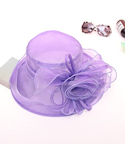 Z&X Organza Church Fascinator Wedding Tea Party Derby Hats for Women Flower Wide Brim Sun Hats - color: 022 Purple