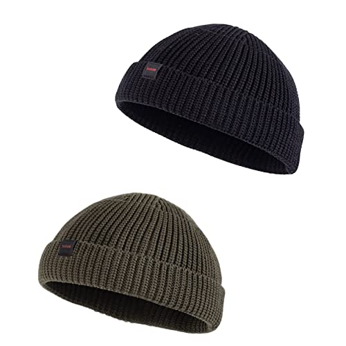 2 Pack Fisherman Beanie Hats for Men Women,Knit Trawler Skull Cap,Watch Cap,Spring Fall Winter Warm Short Hats - color: (Cotton) 2pcs:black+ Olive(m)